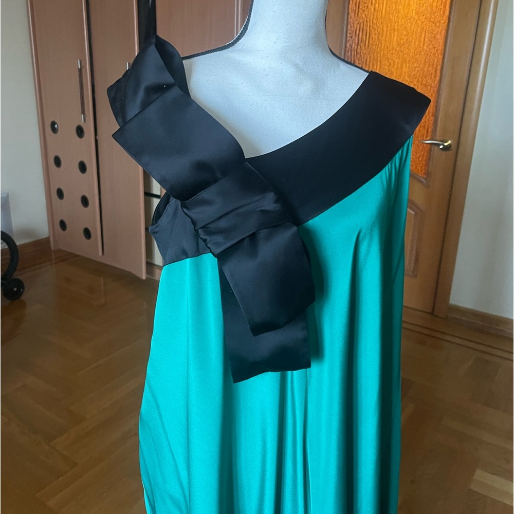 Lanvin Paris satin big bow one satin turquoise dress Sz 12